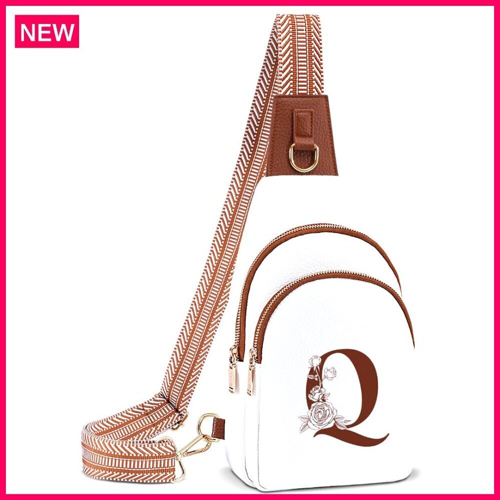 Leather Crossbody Bag with Initial Letter, Adjustable Strap, Multiple Pockets